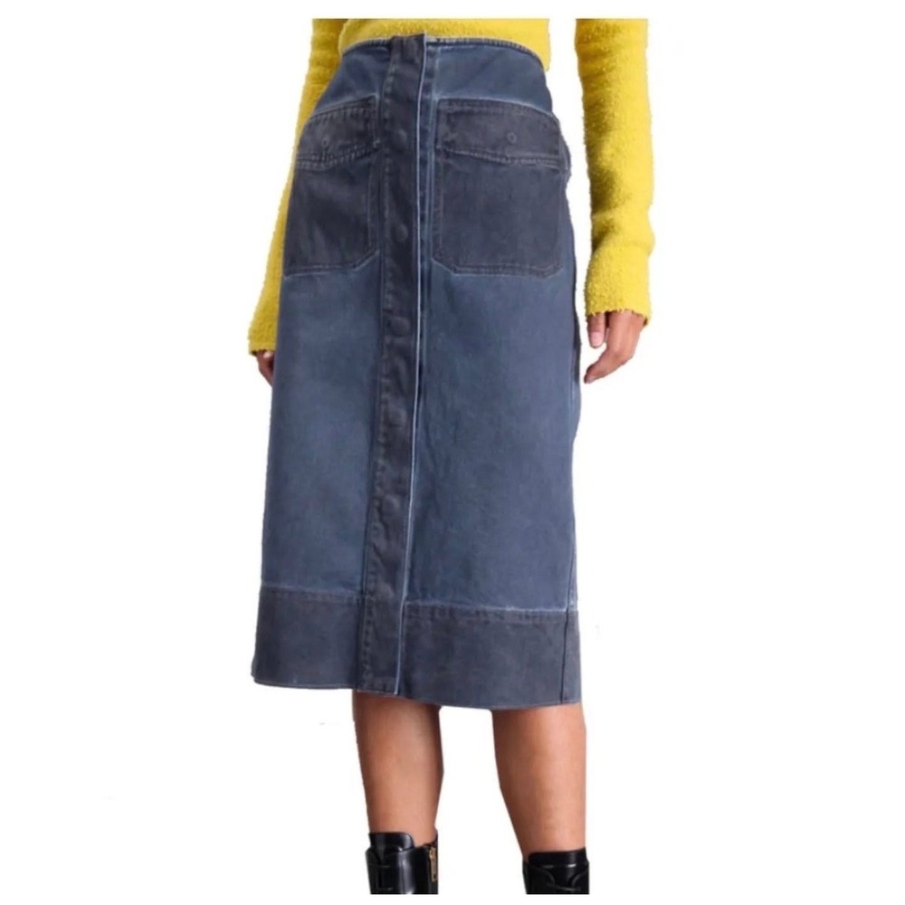 Sportmax Denim Skirt Blue Gray Panelled Snap Front High Waisted Utility Sz 10